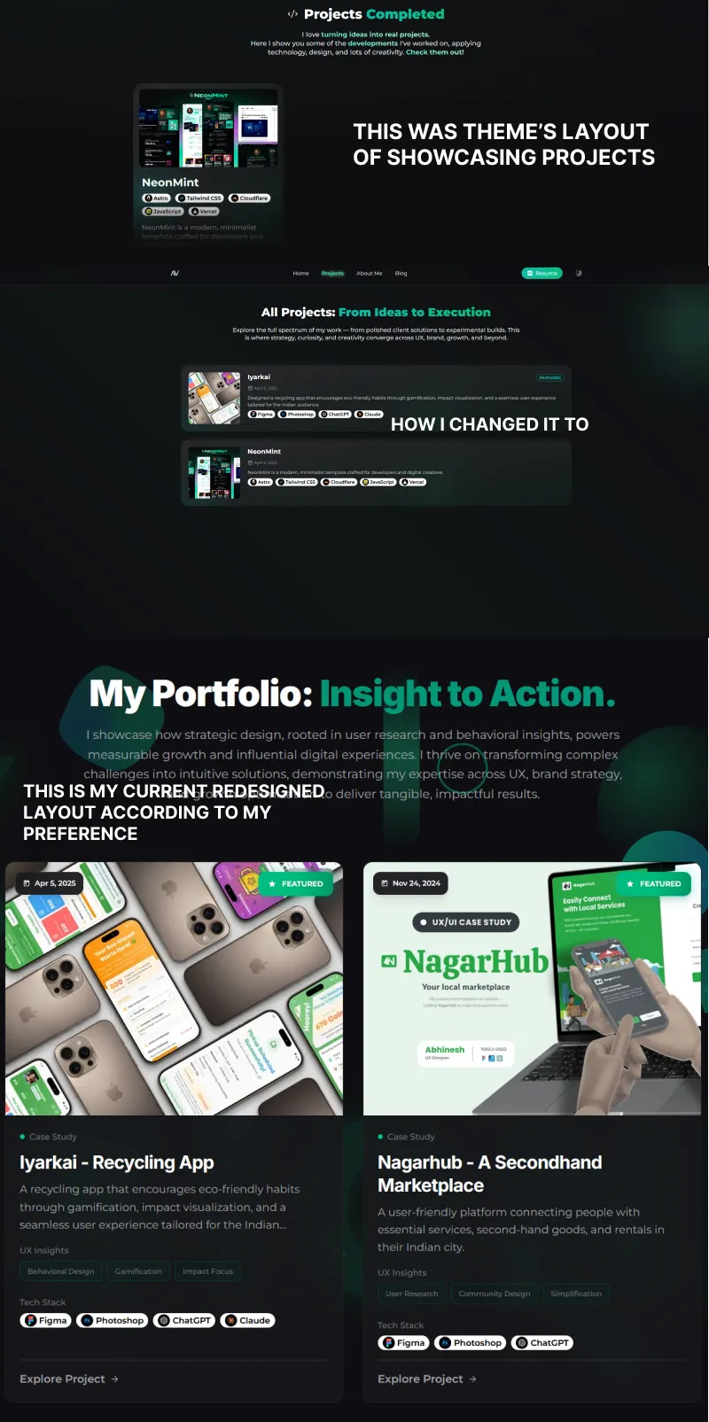 Comparison of the old homepage portfolio section and the new one