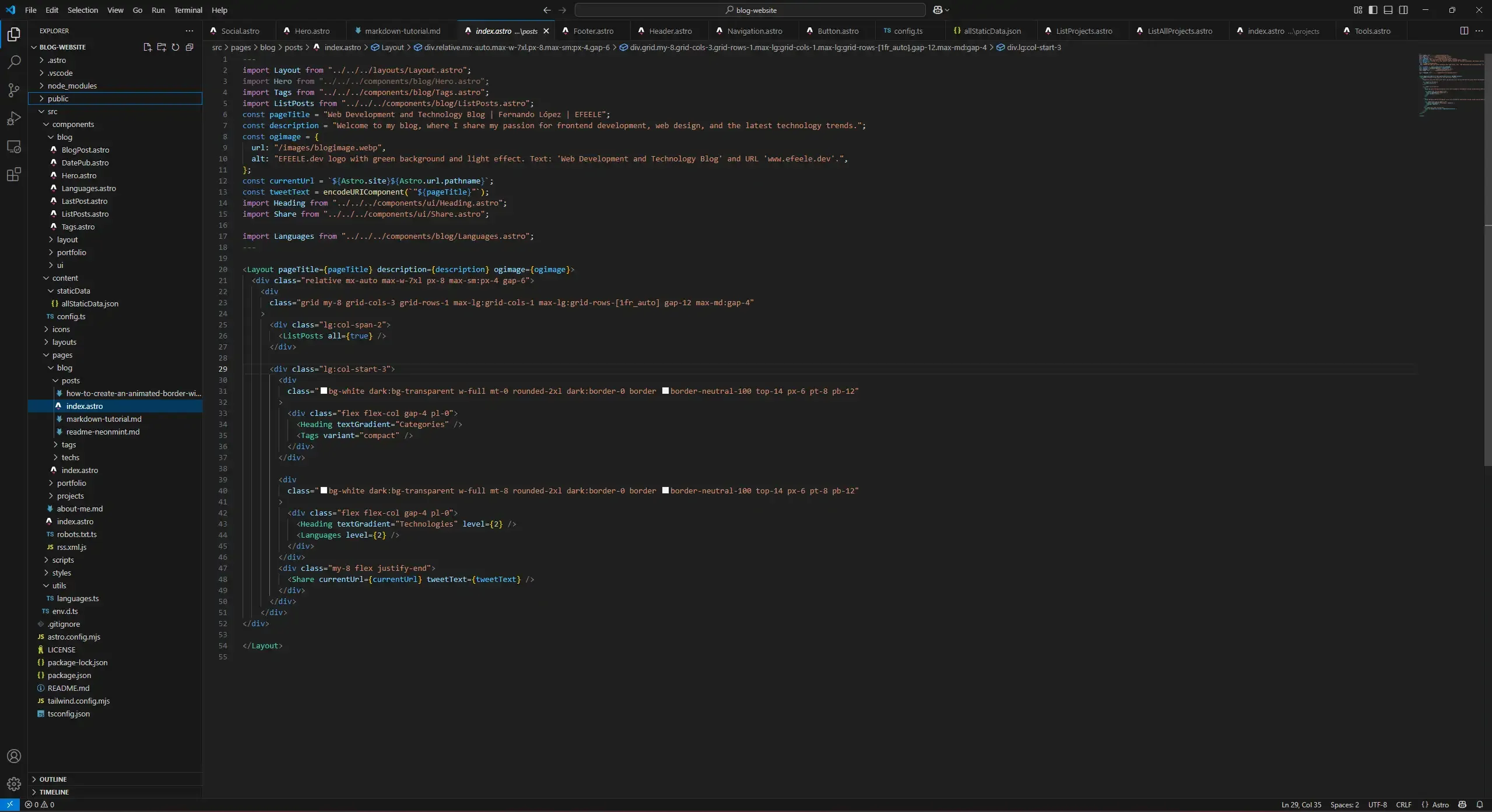 Screenshot of VS Code project with tabs open for multiple Astro files