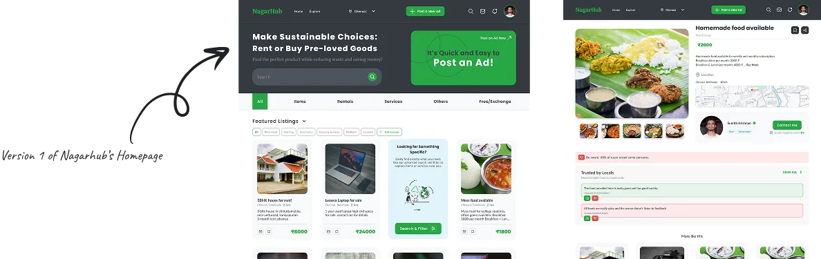 Showing the v1 version of nagarhub homepage and product listing page