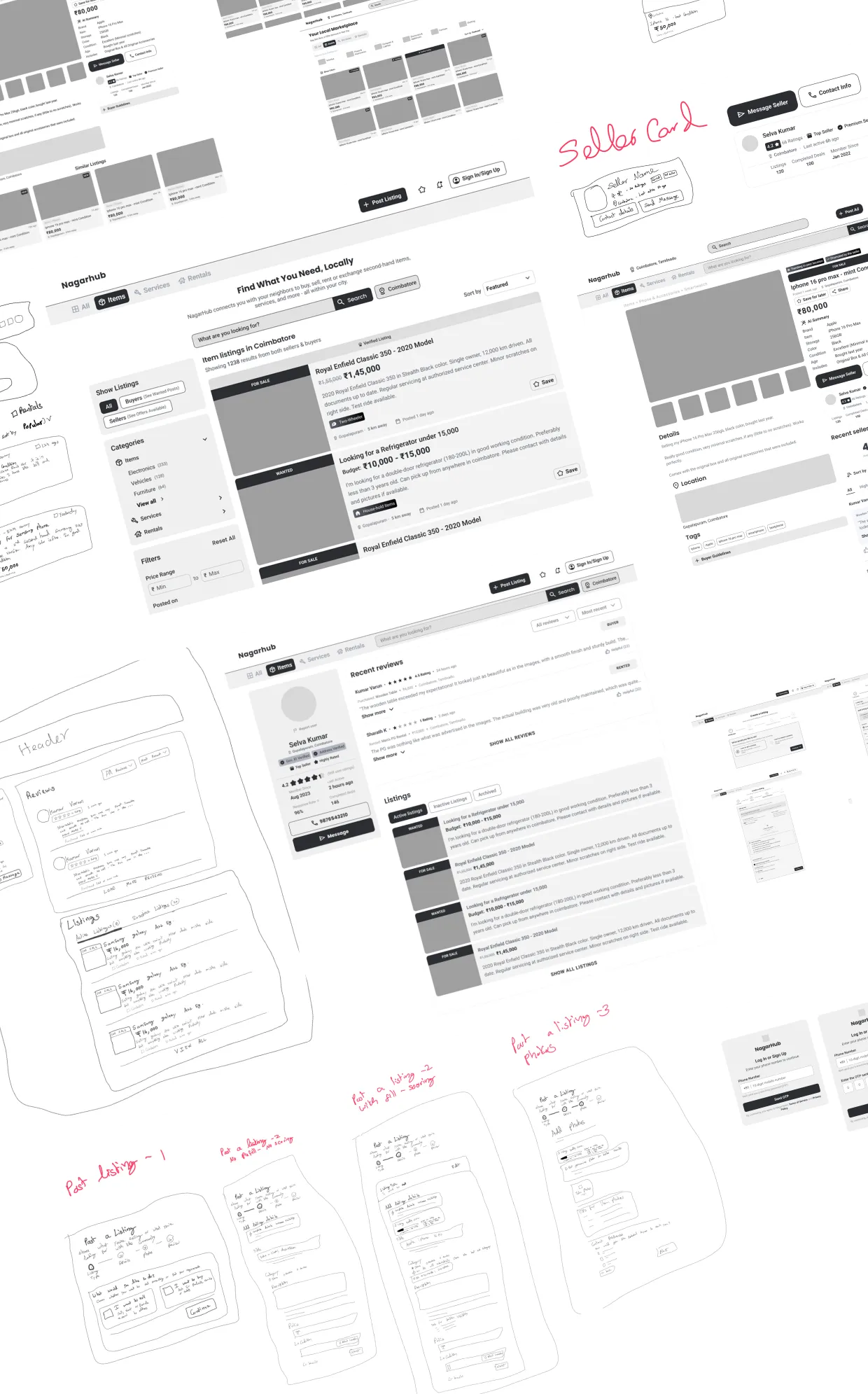 Showcase of sketches and wireframe of nagarhubv2