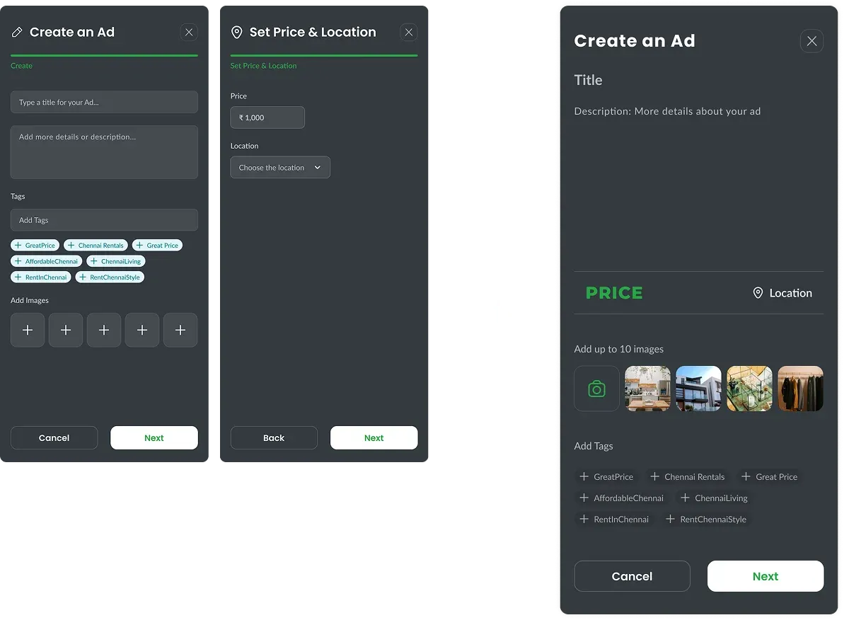 Nagarhub's Ad posting mobile screen improvements showcase