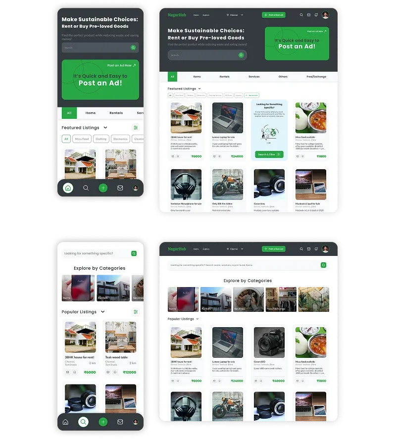 Nagarhub's homepage & screens showcase