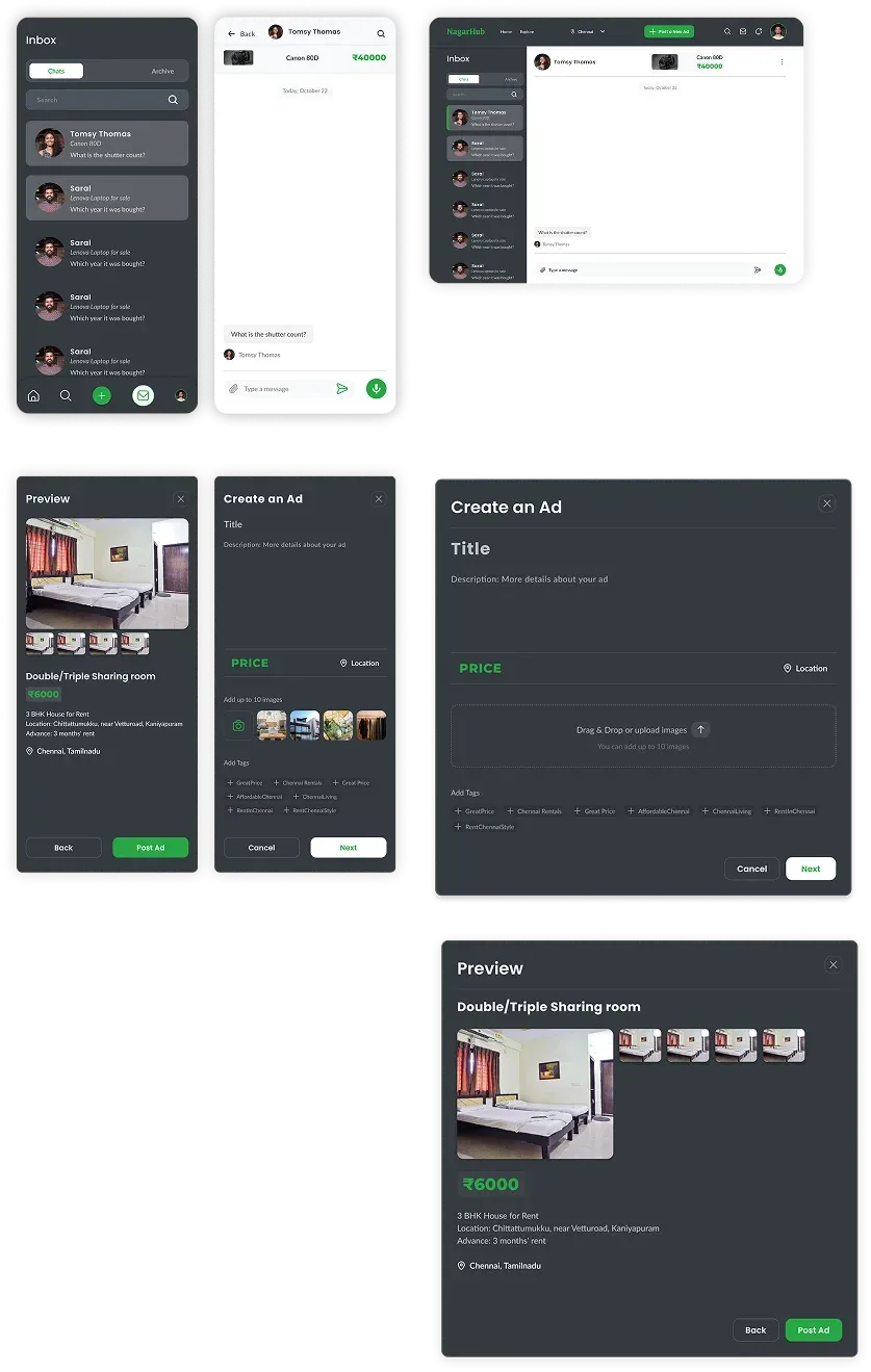 Nagarhub's messages & post ad screens showcase