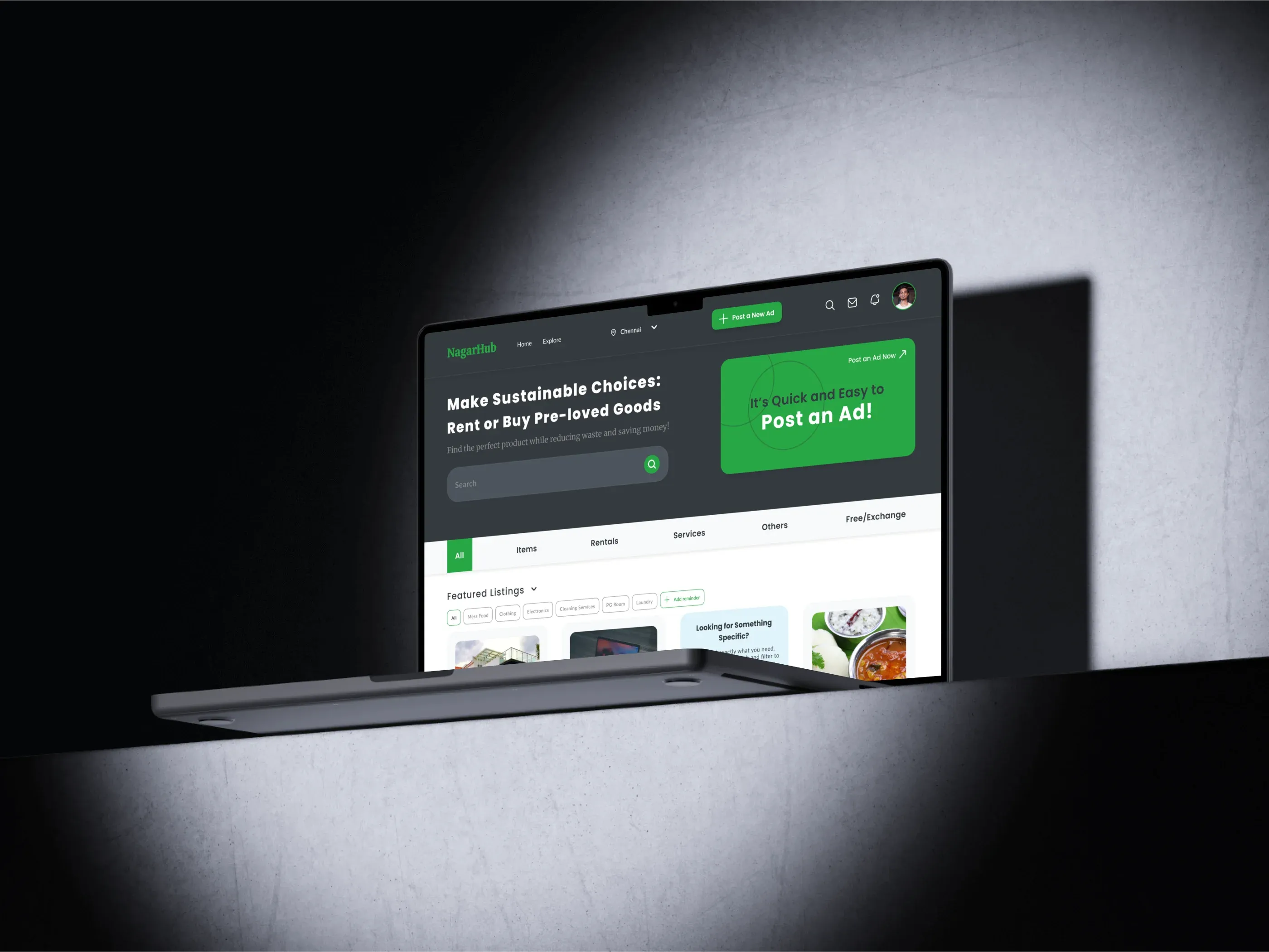 Nagarhub's home screen mockup in a laptop