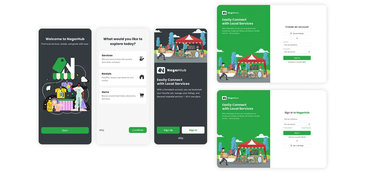 Nagarhub's onboarding screens showcase